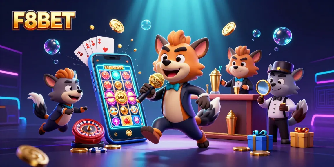 Play at F8BET with fun 3D hyenas in a vibrant casino scene, enjoying games and good times.
