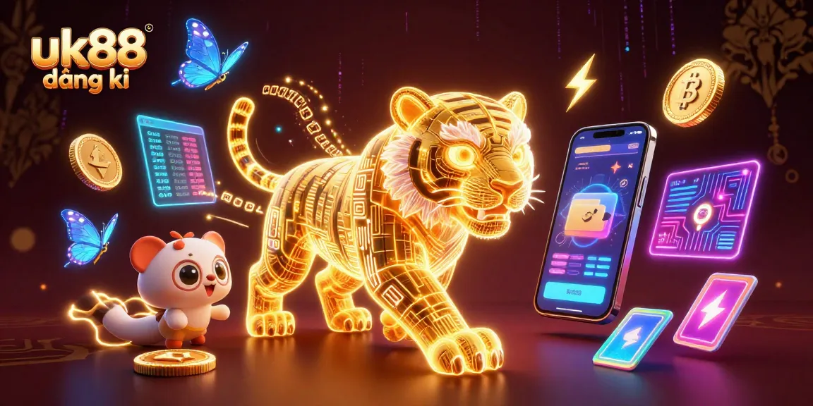 Bet with confidence at uk88 đăng ký, featuring a dynamic neon-lit casino scene with crypto elements.