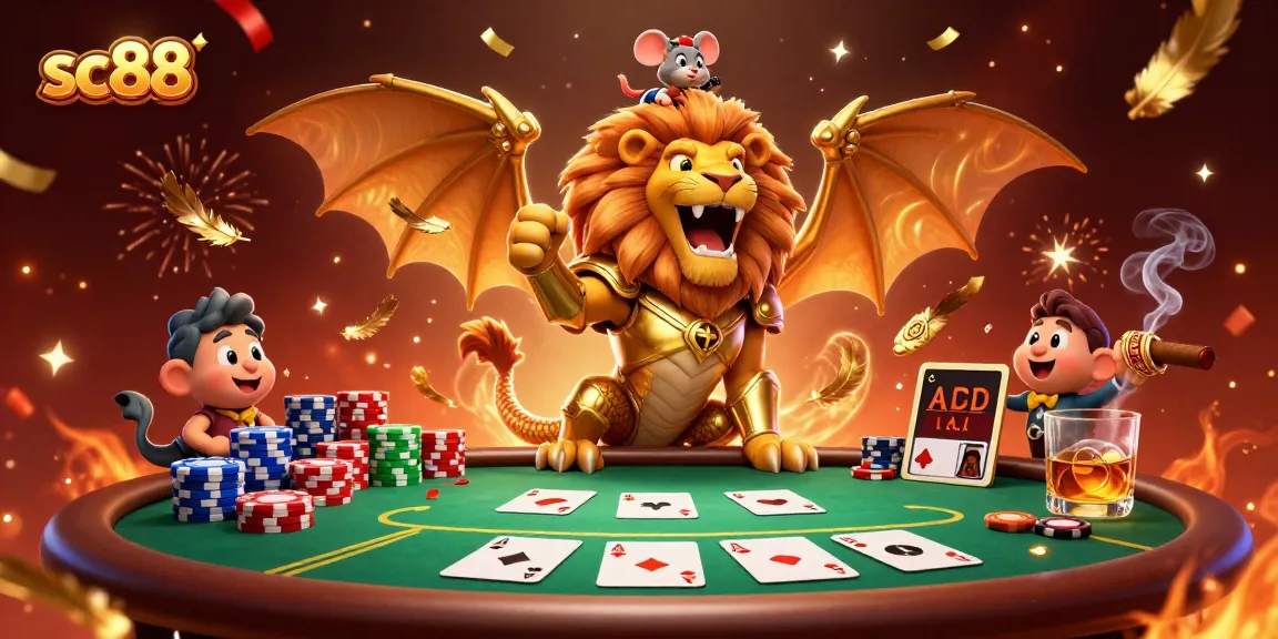 Engage with thrilling SC88 poker action featuring a golden chimera and vibrant game elements.