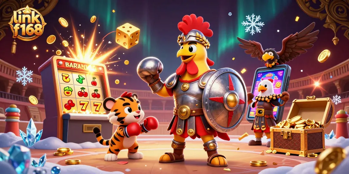 Spin jackpots with link f168 as a gladiator rooster and cub partner enhance your gaming experience in this vibrant casino scene.