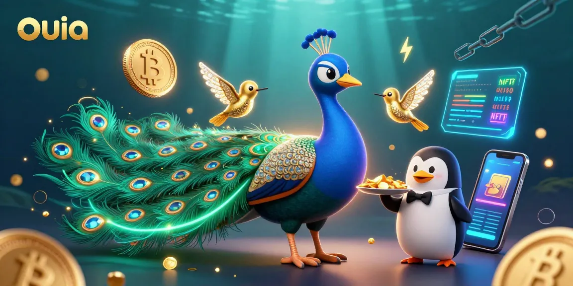 Engage with the exciting world of cryptocurrency gambling at ouia with a vibrant peacock character and crypto elements.