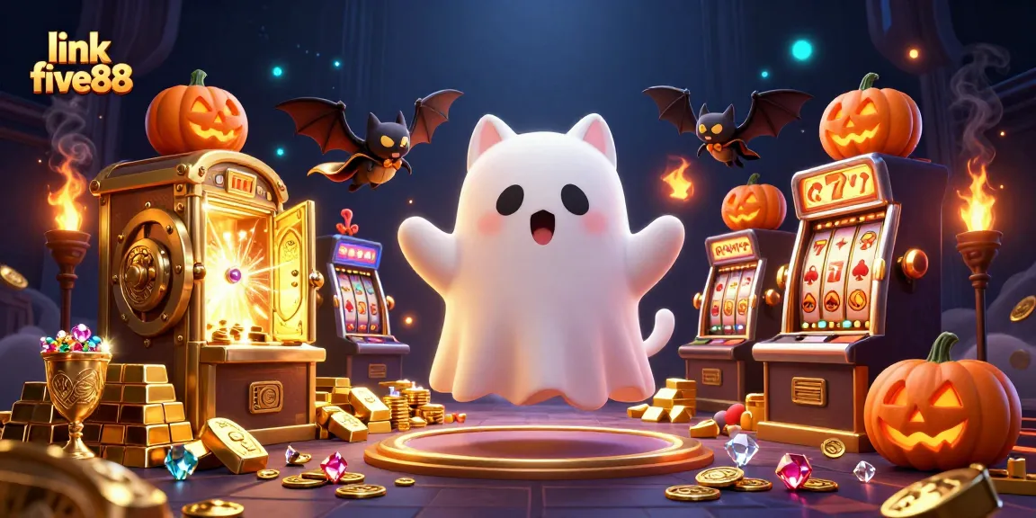 Link five88 reveals a dynamic casino scene with ghostly characters and rich gaming elements.