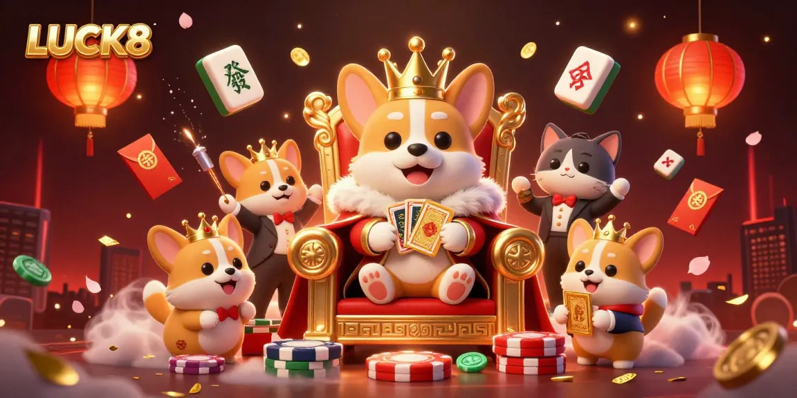 Join the luck and excitement with LUCK8 as charming characters play casino games amid vibrant decorations.