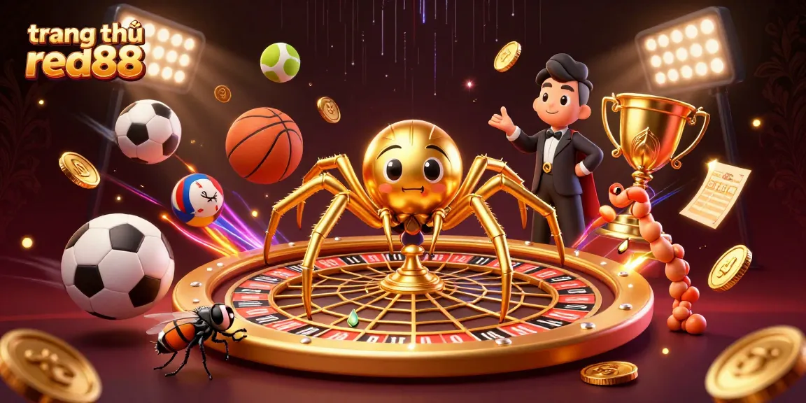 Engage in the excitement of trang chủ red88 as a fly nervously places bets at a roulette wheel web spun by a golden spider amid dynamic sports elements.