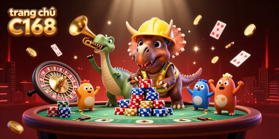 Experience the excitement of trang chủ C168 with a vibrant 3D illustration showcasing lively casino elements.