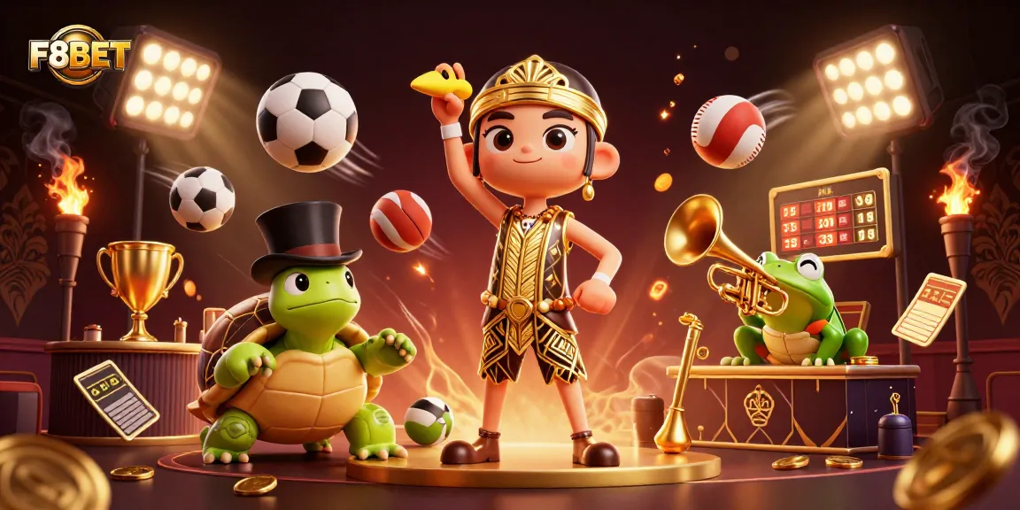 Experience F8BET's vibrant casino atmosphere with unique characters and sporting elements.