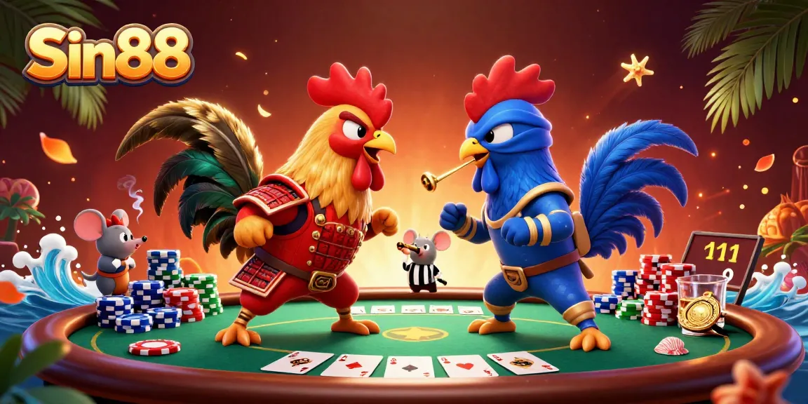 Sin88 showcases twin fighting roosters in a vibrant casino showdown with colorful poker elements.