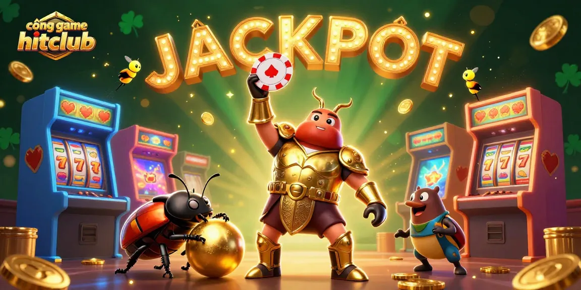 Experience excitement with cổng game hitclub as a cartoon beetle lifts a poker chip amidst arcade elements.